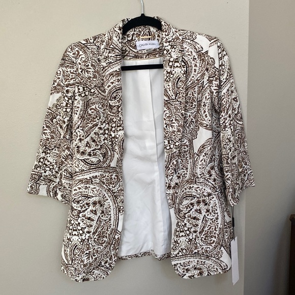 Calvin Klein Paisley Print Linen-Blend Collar Roll-Tab Sleeve Open Front Jacket - Picture 8 of 16